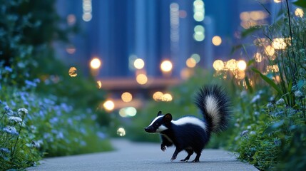 Striped Skunk Walking Along Urban Pathway Surrounded by Flowers and City Lights at Dusk