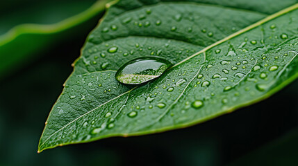 Fototapeta premium A close-up of a dewdrop resting on a vibrant green leaf in the morning light