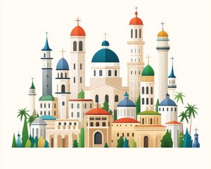 Colorful and intricate cityscape illustration featuring diverse mosque architectures and minarets in a harmonious blend of cultural heritage