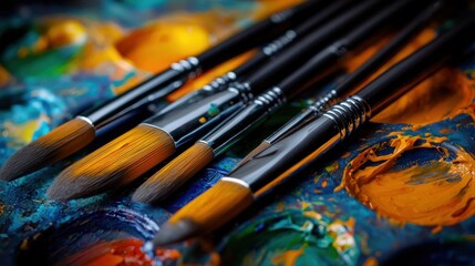 Obraz premium Close-up of artist's paintbrushes resting on a vibrant palette filled with colorful paints