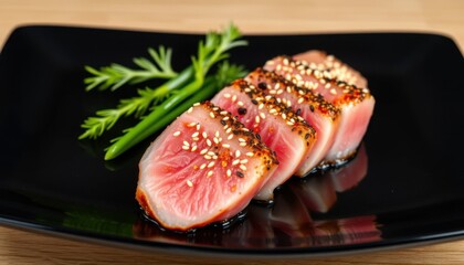Savoring seared tuna delicacies gourmet restaurant food photography elegant setting close-up culinary art