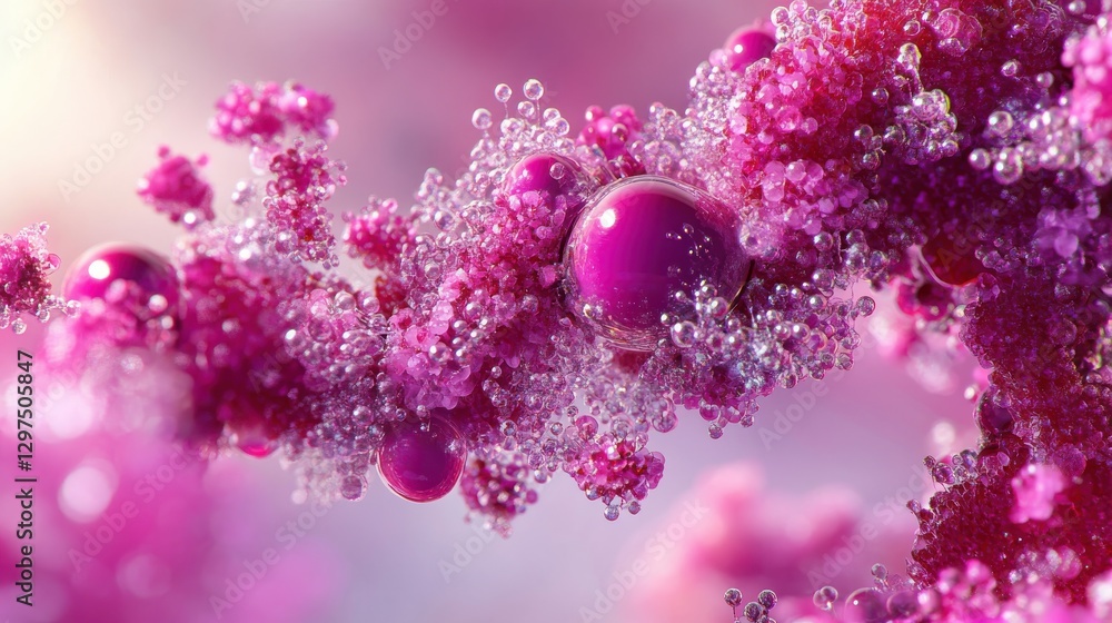 Poster abstract pink bubbles and crystals with delicate textures in soft blurred background creating a drea