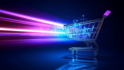 Digital shopping cart with light trails on a dark blue reflective surface