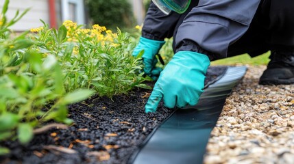 Person in Protective Gear Working on Garden Bed with Black Mulch and Green Plants During Daylight in Residential Area