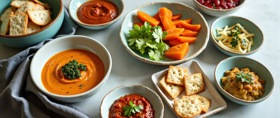 Colorful display of assorted appetizers and dips on a table