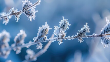 Obraz premium A mesmerizing close-up of a delicate branch covered in unique frost formations, glistening in the cold winter air. The icy patterns and soft blue tones