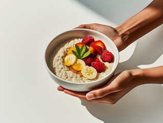 A bright lifestyle shot of a person holding a bowl of oatmeal with both hands, ready to take a bite. The bowl is filled with warm oats, fresh fruit, and a drizzle of honey. 