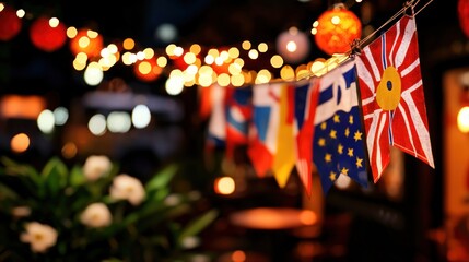 Colorful flags and lanterns adorn a festive street scene, creating a vibrant atmosphere at night