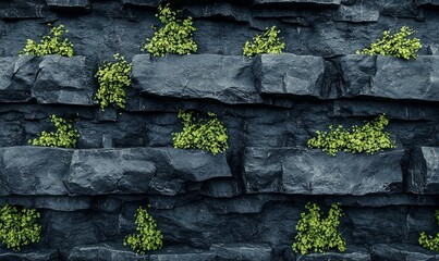 Green plants in dark stone wall; nature texture background for design