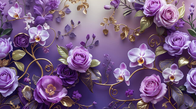Fototapeta Artistic Purple Orchids and Roses with Golden Stems and Shoots Set Against a Rich Purple Background Perfect for Creative Floral Photography Wallpaper Background