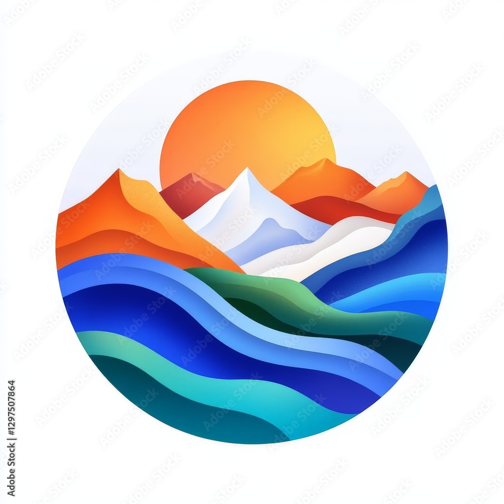 Aufkleber abstract circular composition of layered mountains and flowing waves in a vibrant color palette symb