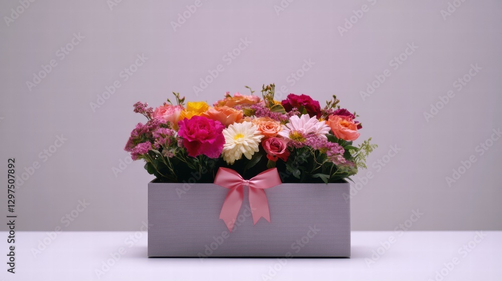 Aufkleber bright and colorful flower arrangement in a decorative box with a ribbon on a table. generative ai
