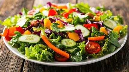 A vibrant vegan Easter salad with fresh greens, colorful vegetables, and a tangy dressing, served on a minimalist white plate with a rustic wooden table