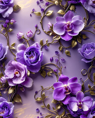 Beautiful purple orchid and rose flowers with glowing golden stems and shoots on a rich purple background perfect for artistic floral decor and photography Wallpaper Background