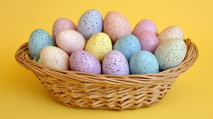 A wicker basket full of brightly colored Easter eggs resting on a yellow background, showcasing an array of colors from lavender to pale pink and soft blue