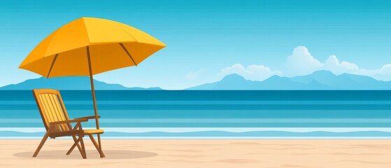Tropical beach with wooden chair under yellow umbrella facing calm turquoise ocean with distant mountains and soft sunlight in a serene summer holiday illustration