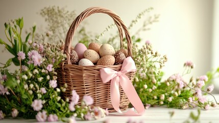 Fototapeta premium A wicker Easter basket adorned with a soft pink ribbon, overflowing with chocolate eggs, surrounded by fresh spring flowers and greenery.