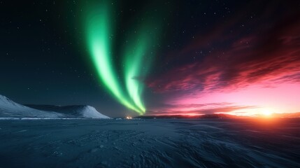 Stunning aurora borealis illuminates a frozen landscape at twilight, showcasing nature's beauty