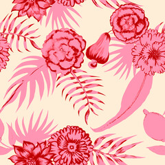 Tropical pattern, floral, leaves. Digital print in Repeat (rapport), Resolution 300 DPI, ideal for fashion, decoration and stationery.