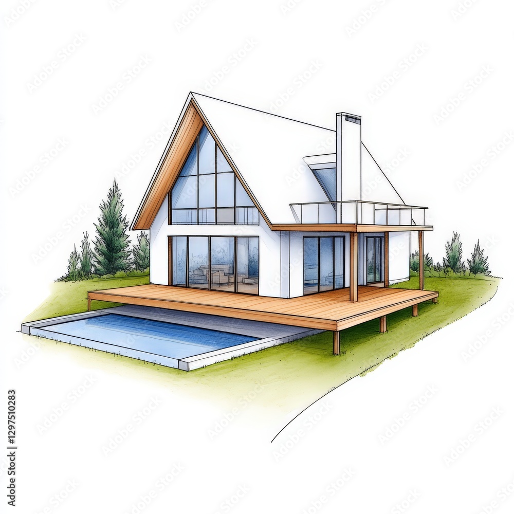 Poster digital architectural sketch of modern a frame house with large windows and private pool set in natu