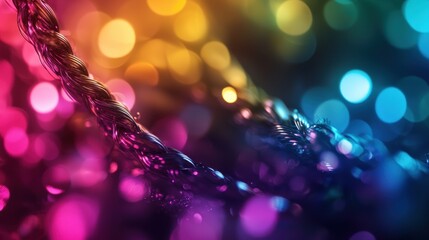 Colorful bokeh background with vibrant lights and a focus on twisted rope texture