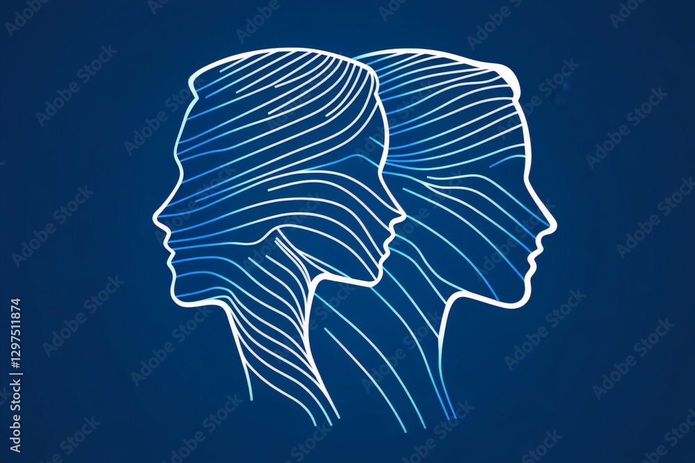 Poster abstract neon blue wireframe faces overlapping against dark background representing artificial intel
