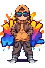 Cool cartoon boy in trendy streetwear, posing against vibrant graffiti art.