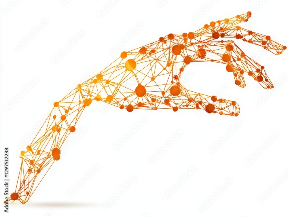 Poster futuristic robotic hand made of glowing orange digital nodes reaching forward symbolizing artificial