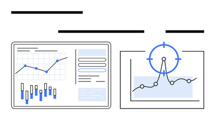 Interactive dashboard showing bar graphs, line charts, and a targeted focus point. Ideal for data analysis, business strategy, performance tracking, digital marketing, financial reports