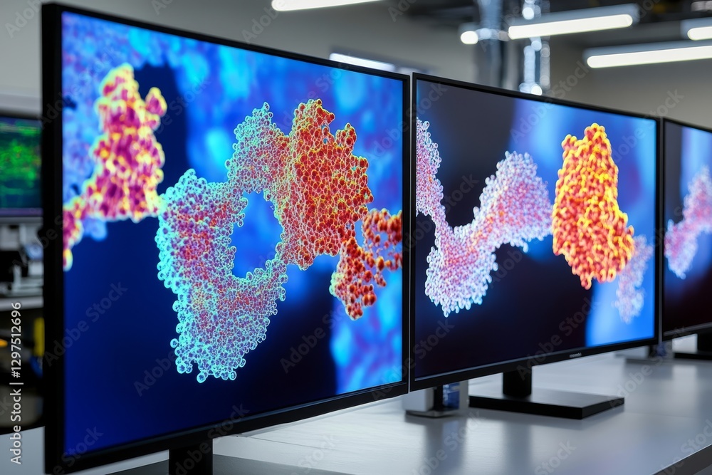 Poster a cuttingedge lab is demonstrating advanced aigenerated protein structures, showcasing intricate des
