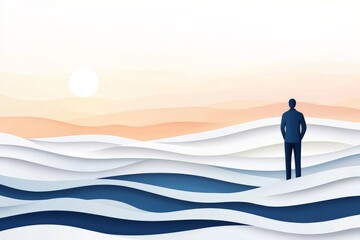 Obraz premium Stylized figure standing in abstract ocean waves at sunrise in surreal modern vector artwork with conceptual depth and peaceful serenity in digital aesthetic composition