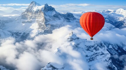 A Vibrant Red Hot Air Balloon Gliding Over Majestic Snow-Capped Mountains and Fluffy White Clouds in Clear Blue Sky