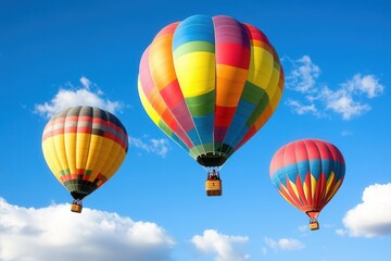 Obraz premium Colorful Hot Air Balloons Soaring Through a Sunny Skying Sky. A Wonderful Day with Fluffy Clouds