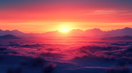 Fototapeta premium Desert sunrise over snowy plains, mountain silhouette backdrop