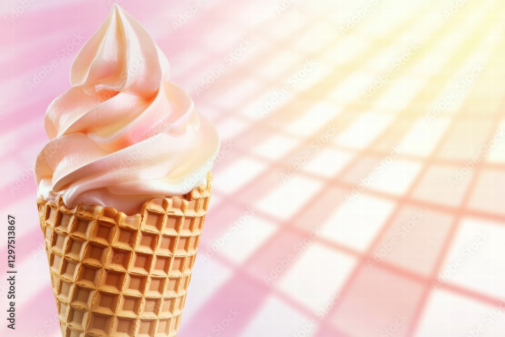 Poster Delicious soft serve ice cream in a waffle cone against a soft pink background during a sunny day. Generative AI