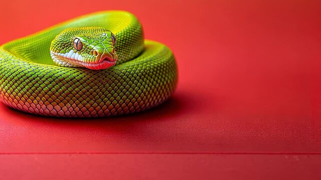 Green Tree Python coiled on red background
