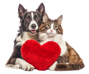 Border Collie and Maine Coon Cat Holding Red Heart Plush, Love and Friendship Concept, Valentine’s Day Theme, Transparent Background