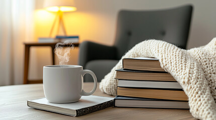 A close-up of a cozy book nook with a stack of books, a warm blanket, and a steaming mug