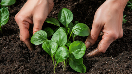 A close-up of hands planting seedlings in a garden bed with rich soil