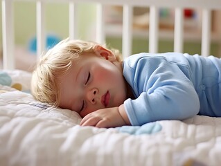 Baby sleeps in white crib at home nursery