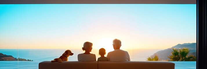 Family with dog enjoying sunset view from luxury home.