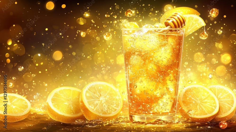 Aufkleber refreshing lemonade with honey and lemon slices in sparkling drink on golden background