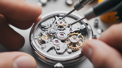 A close-up of hands assembling a complex mechanical watch with precision tools