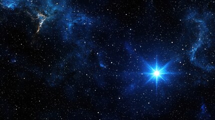Naklejka premium A stunning cosmic scene featuring a brilliant blue star amidst a backdrop of deep space, filled with shimmering stars and swirling nebulae.