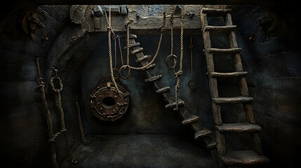 Naklejka premium Wooden ladders and hanging ropes inside a dark medieval dungeon cell with dim light filtering from an opening above.