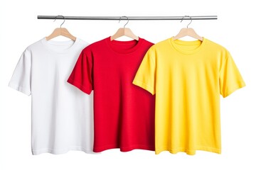 Hanging white red and yellow T shirts on wooden hangers in stylish minimalist clothing display concept fashion retail presentation in high resolution premium illustration