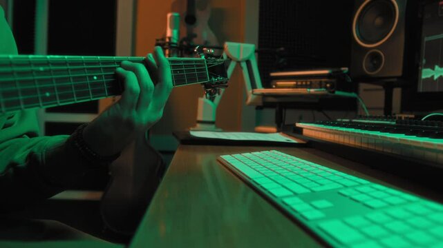 Side close-up of hand of anonymous artist playing new song on guitar and saving audio on computer, creating melody in modern green neon lit recording studio