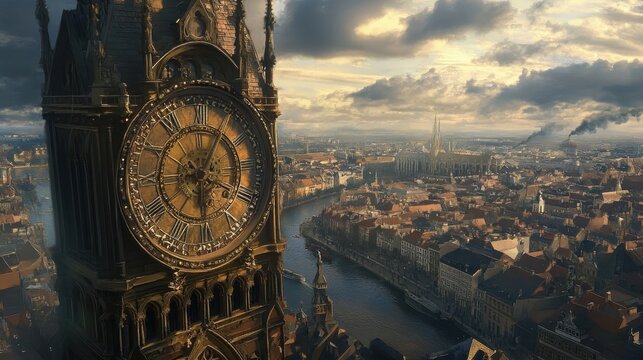 An elaborate clock tower dominates a detailed cityscape with water features