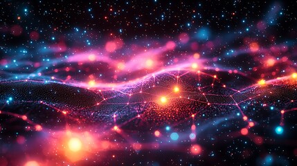 Abstract Cosmic Nebula Background Pink Blue Red Glowing Stars and Network Connections