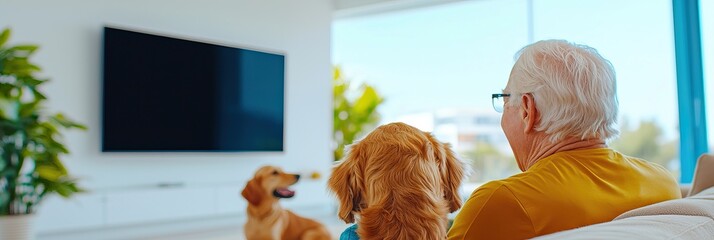 Senior man watches TV with two Golden Retrievers.